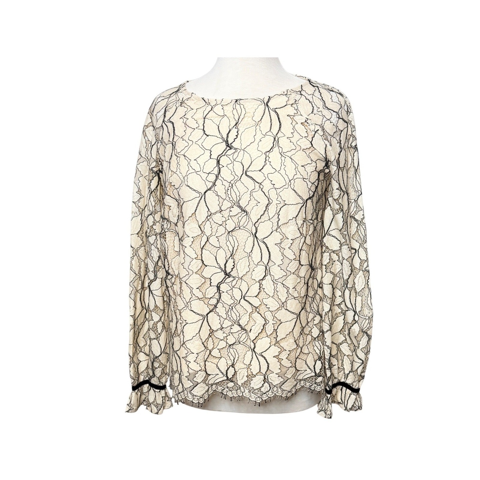 Rose + Olive Lace Overlay Blouse Sz M Cream Black Long Sleeve Ruffle Cuff